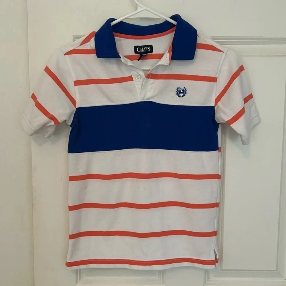 Chaps Polo striped shirt size medium 10–12 white blue short sleeve shirt